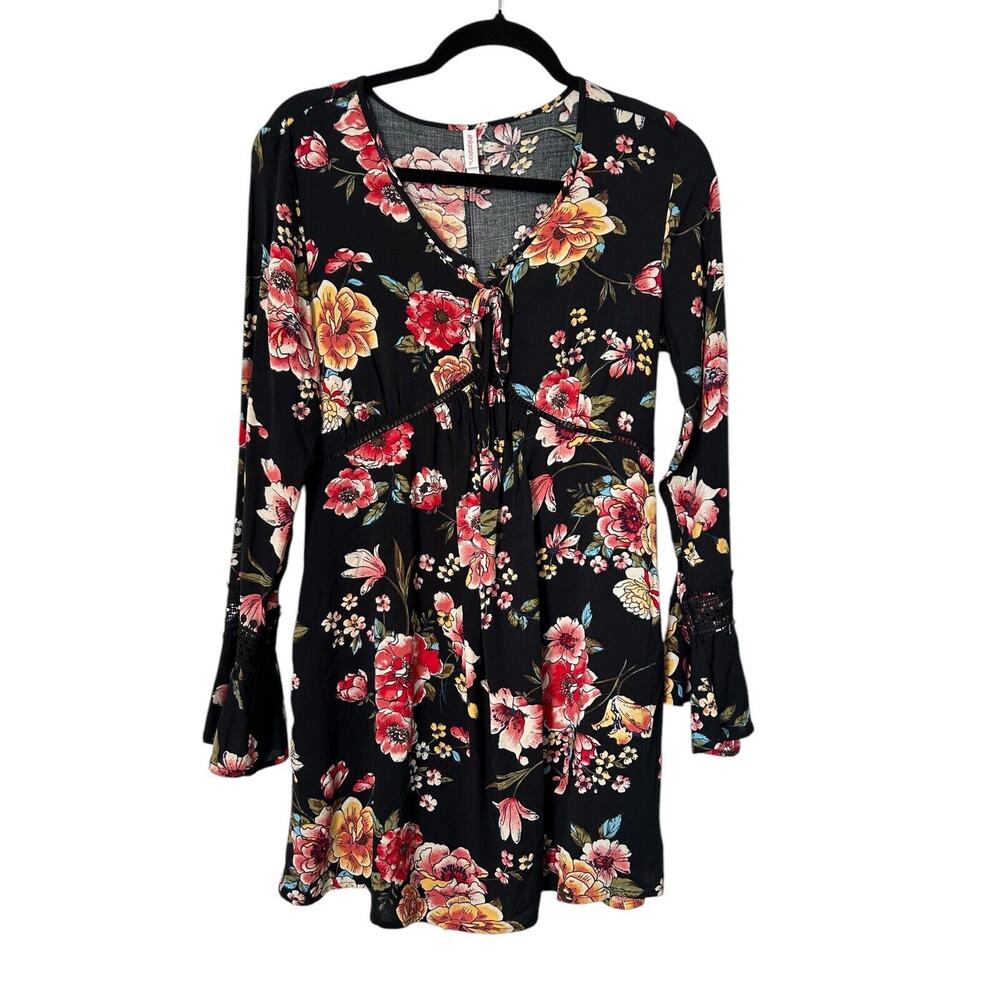 Xhilaration Dress Size‎ XS Black Floral Swing Babydoll Boho Peasant Whimsigoth
